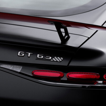 Close-up view of the GT 63 badge on the rear of a Mercedes-Benz AMG GT, showcasing the sleek design and attention to detail.