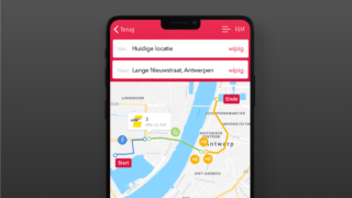 A smartphone displaying the "Slim naar Antwerpen" app, showcasing real-time navigation and transport options in Antwerp.