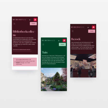 Mobile site screenshots for the Rubenshuis, featuring sections on the library collection, garden, and visitor information.