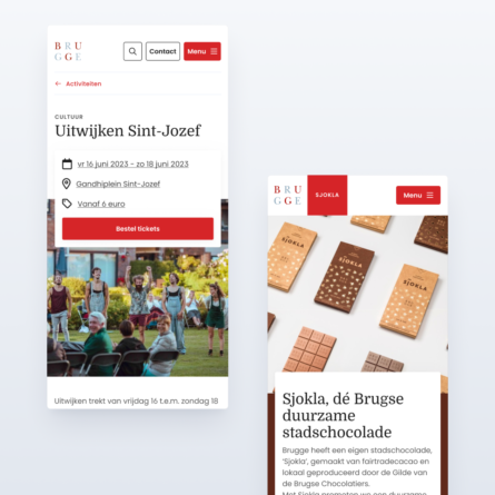 Mobile view of the City of Bruges' website showing cultural events and city-specific products.