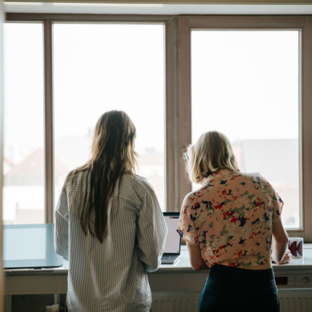 Two women standing by a window, working on a laptop, discussing digital marketing plans.